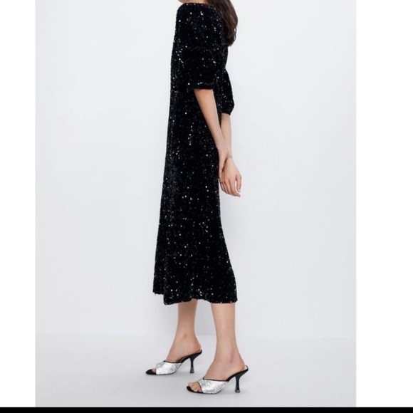 Zara Midi Sequin Dress With Puff Sleeves Black Size S NWT - Picture 9 of 11